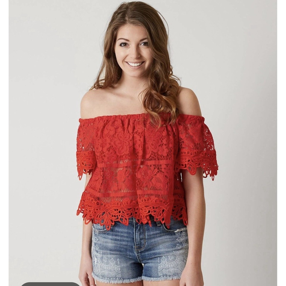 Free People One Crop Top Womens Small S Red Boho Ruffle Lace Coastal Rodeo